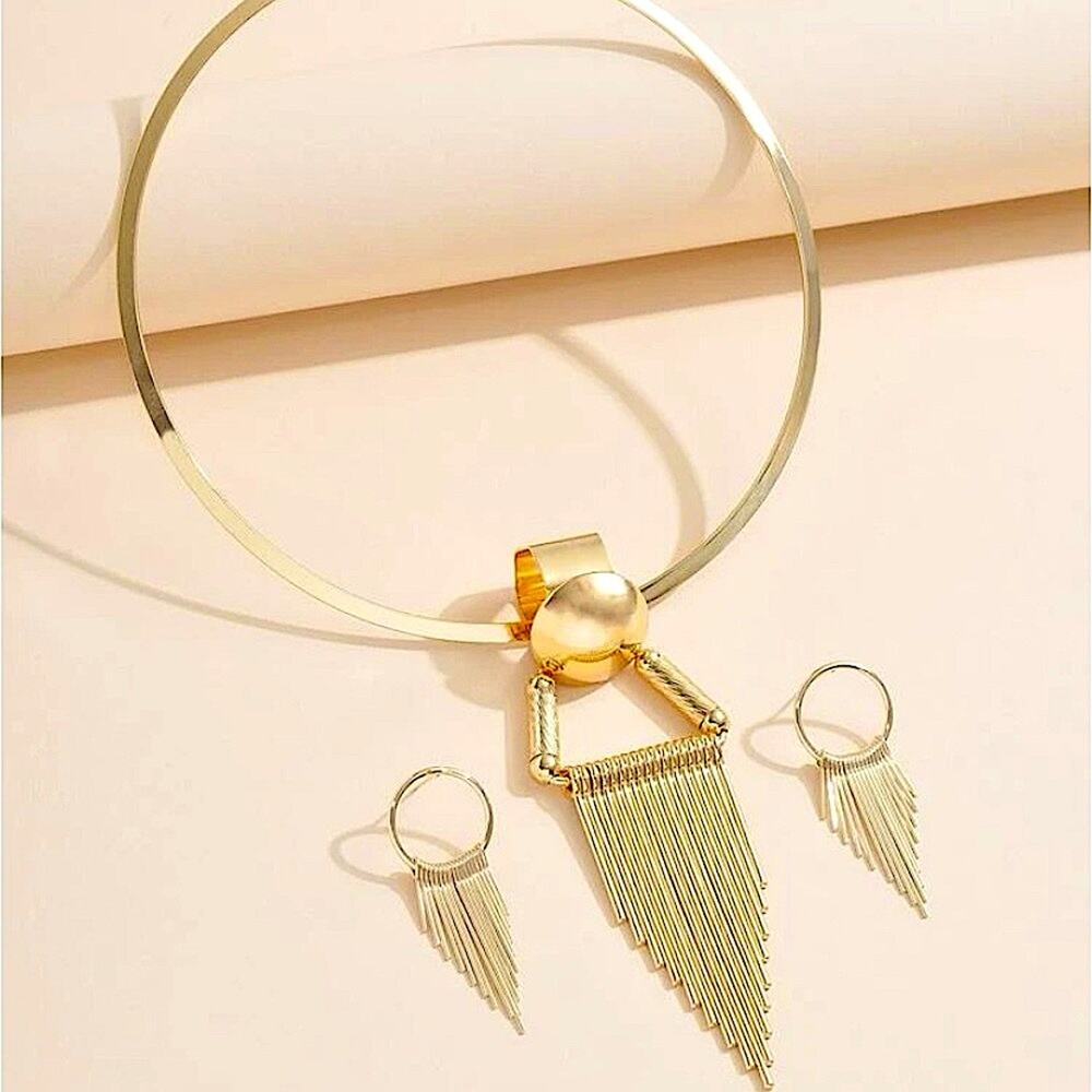 Gold Tassel Fringe Statement Choker Necklace Earrings - Picture 2 of 8